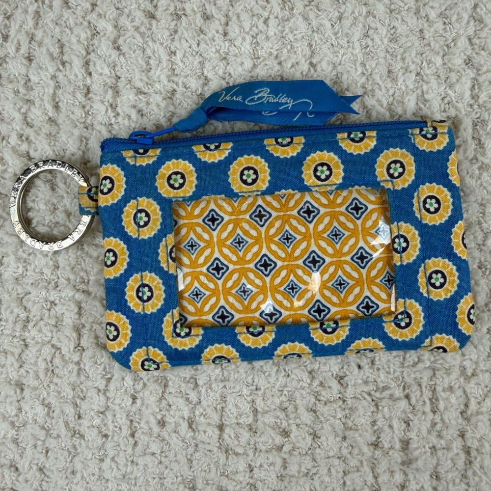 Vera Bradley Zip ID Case Sun Valley Blue Yellow Floral Quilted Wallet Key Ring